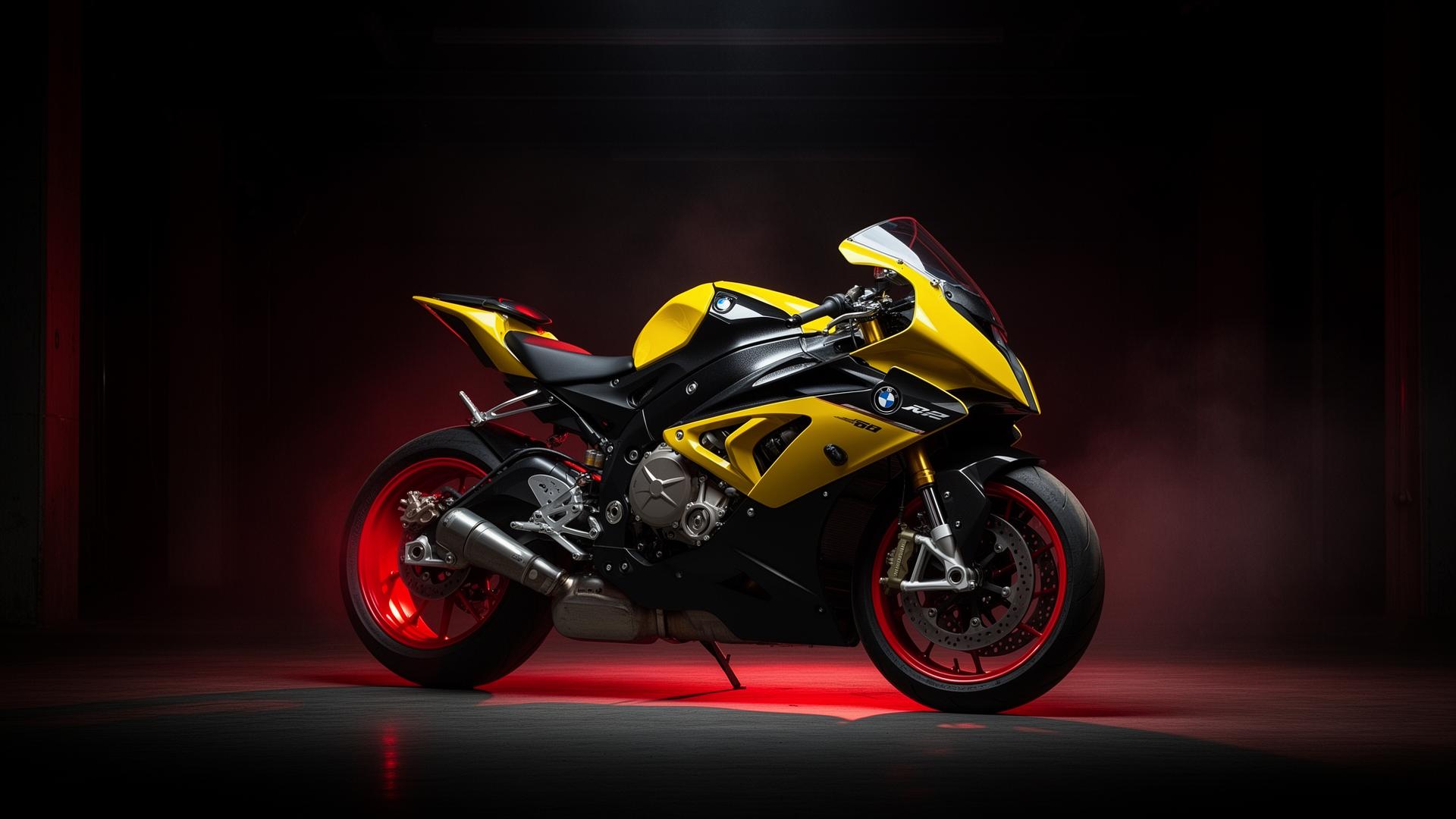 Superbike BMW amarilla en garaje con iluminación roja