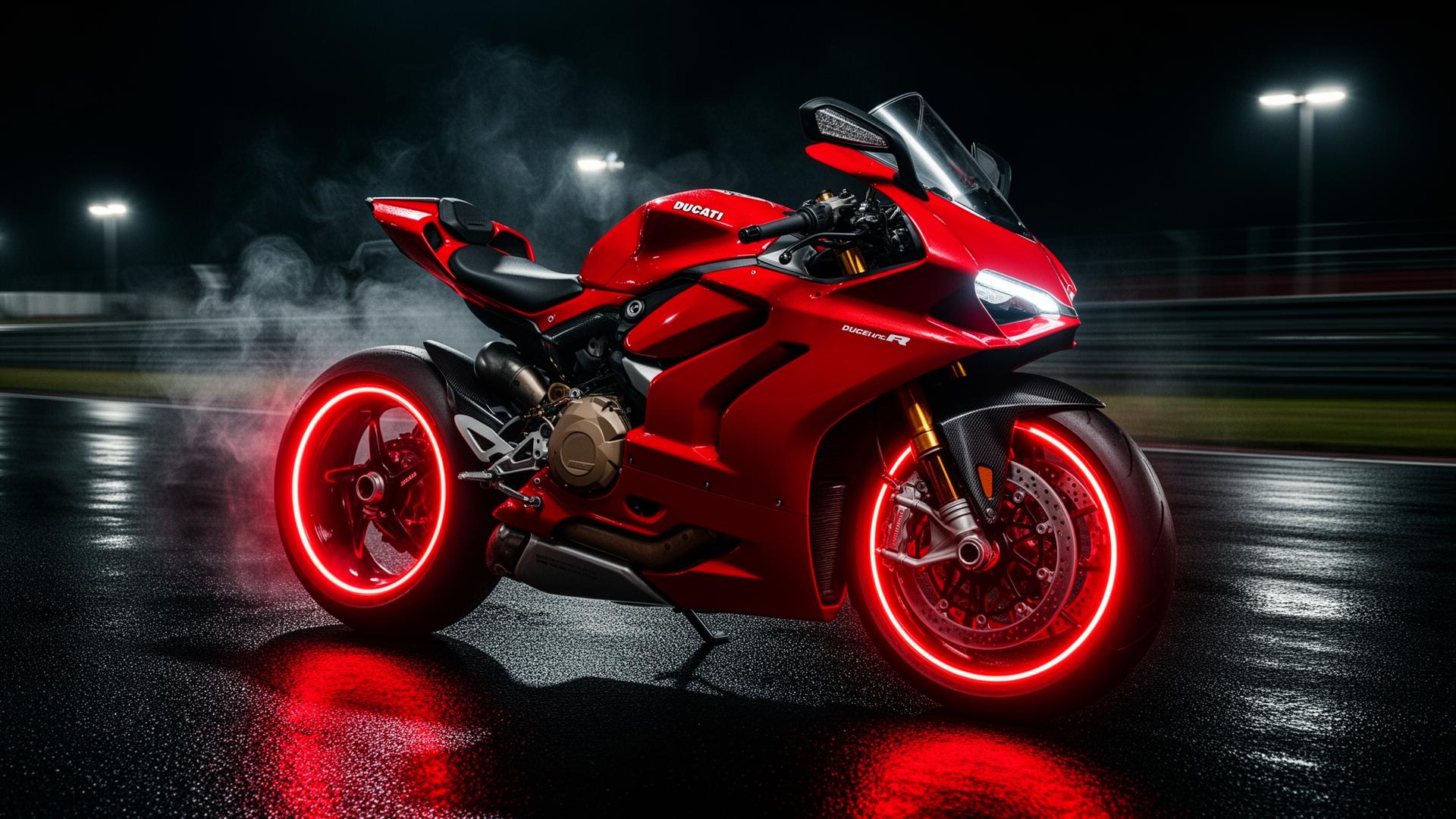 Superbike Ducati roja sobre asfalto mojado — transporte de motos Motocargo